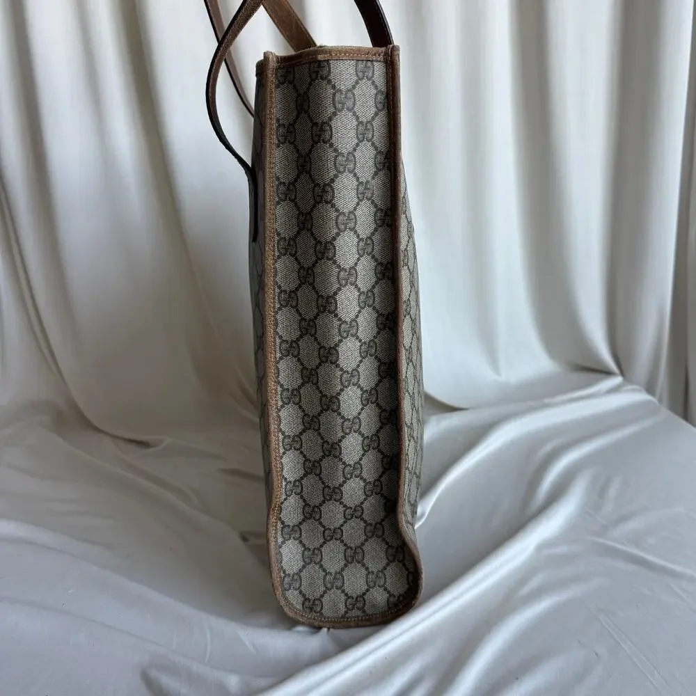 Gucci GG Supreme Vertical Tote - Brown Leather Trim, Large, Vintage
